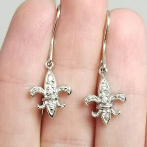 Vintage Sterling Silver Fleur De Lis Rhinestone Dangle Earrings, Estate